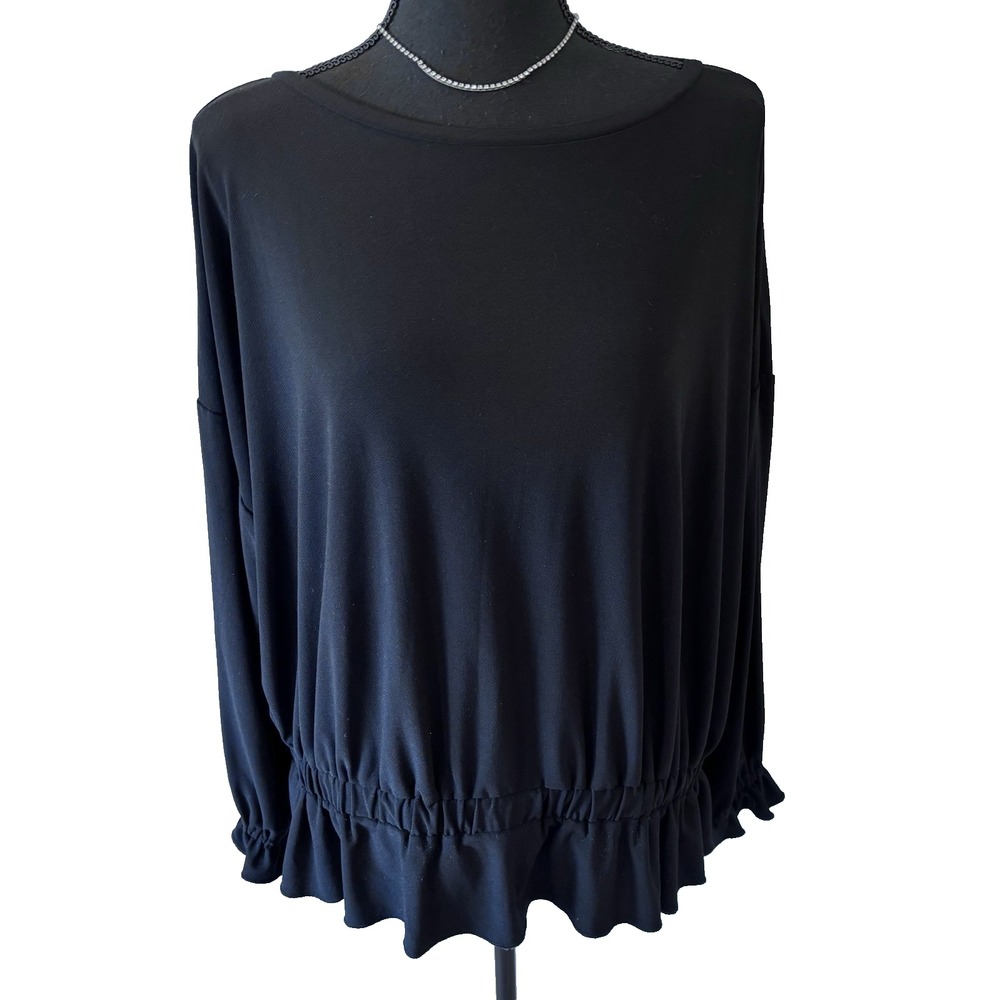 Willow Drive Black Blouse Long Sleeve Elastic Waist Ruffle Cuff Size XL